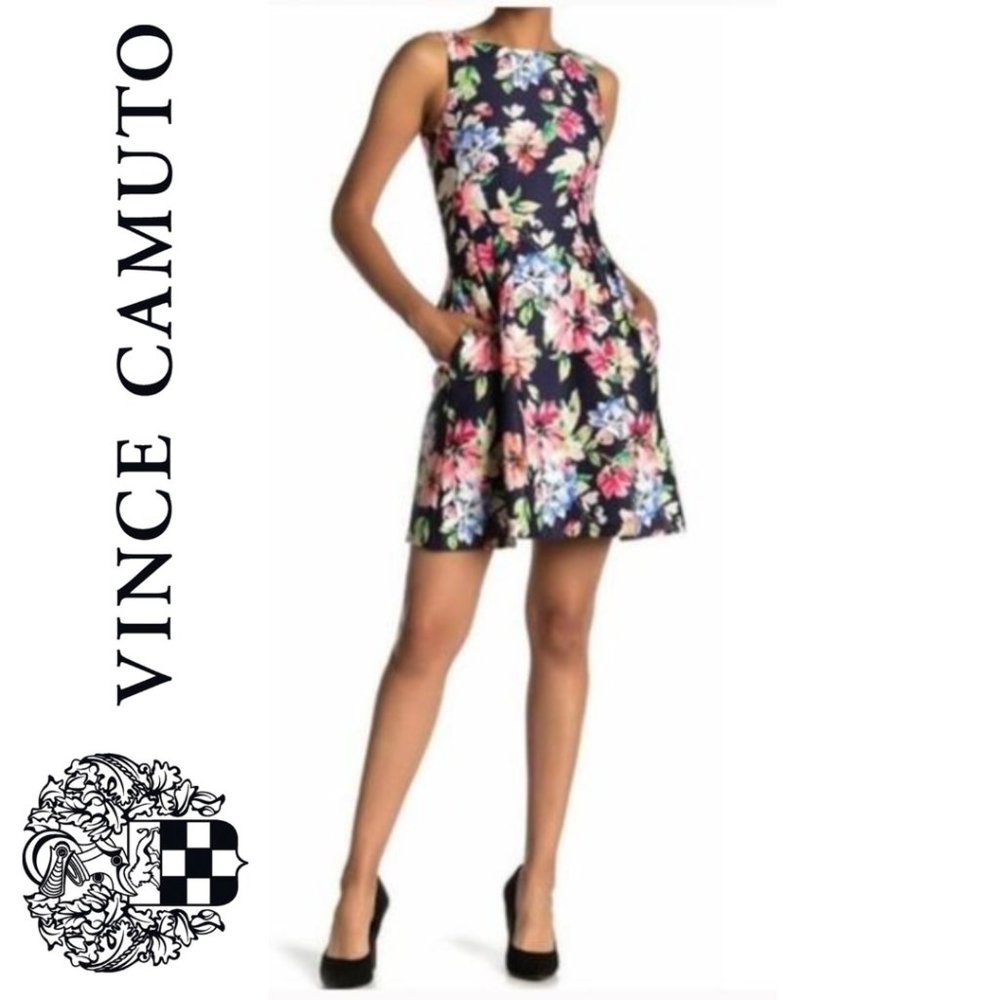 Vince Camuto Navy Floral Fit and Flare Scuba  Dress
